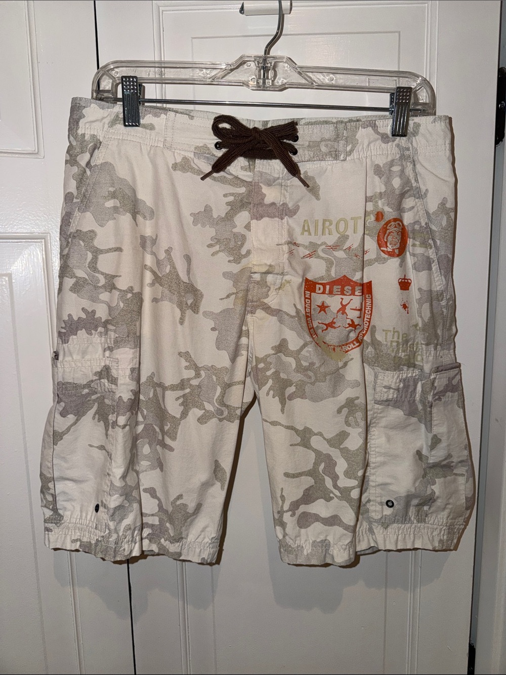 Diesel Men's Cream & Gray Camo Cargo Shorts with Orange Logo